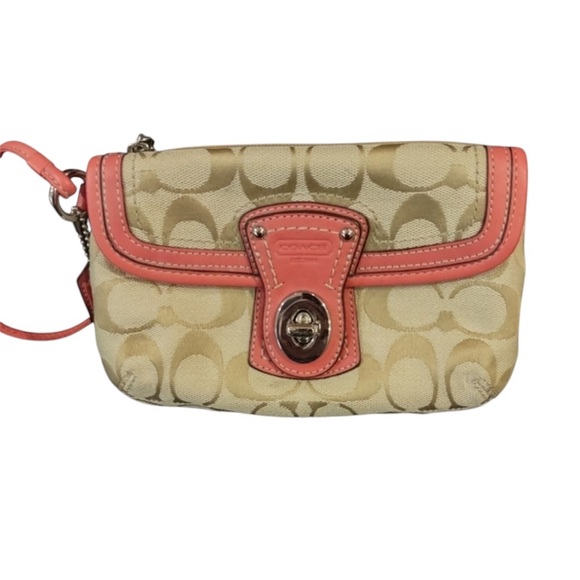 Coach Legacy Mini Wristlet/Demi Bag Khaki Signature Canvas w/Coral Trim - Picture 1 of 5